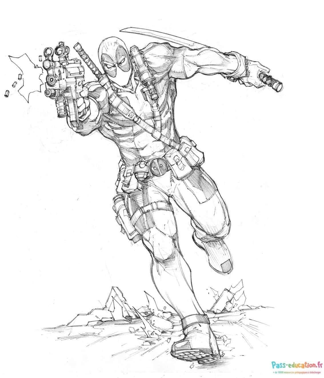 Coloriage Deadpool action à imprimer et colorier