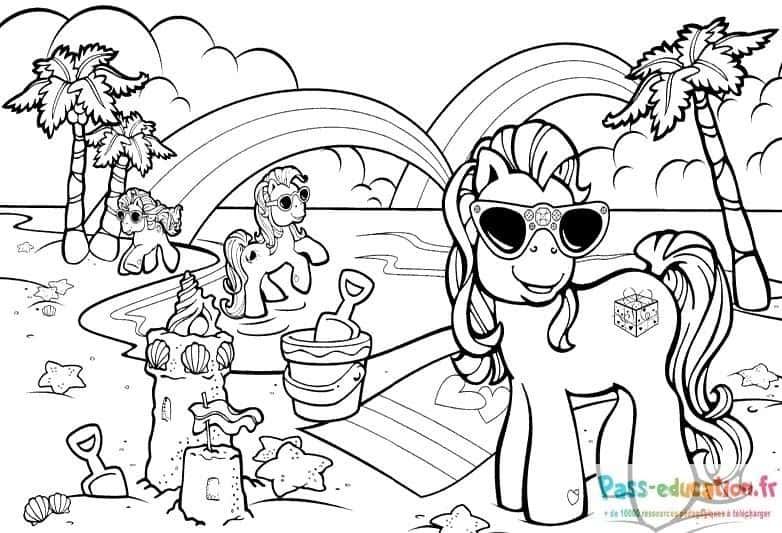 Coloriage Poneys à la plage à imprimer et colorier