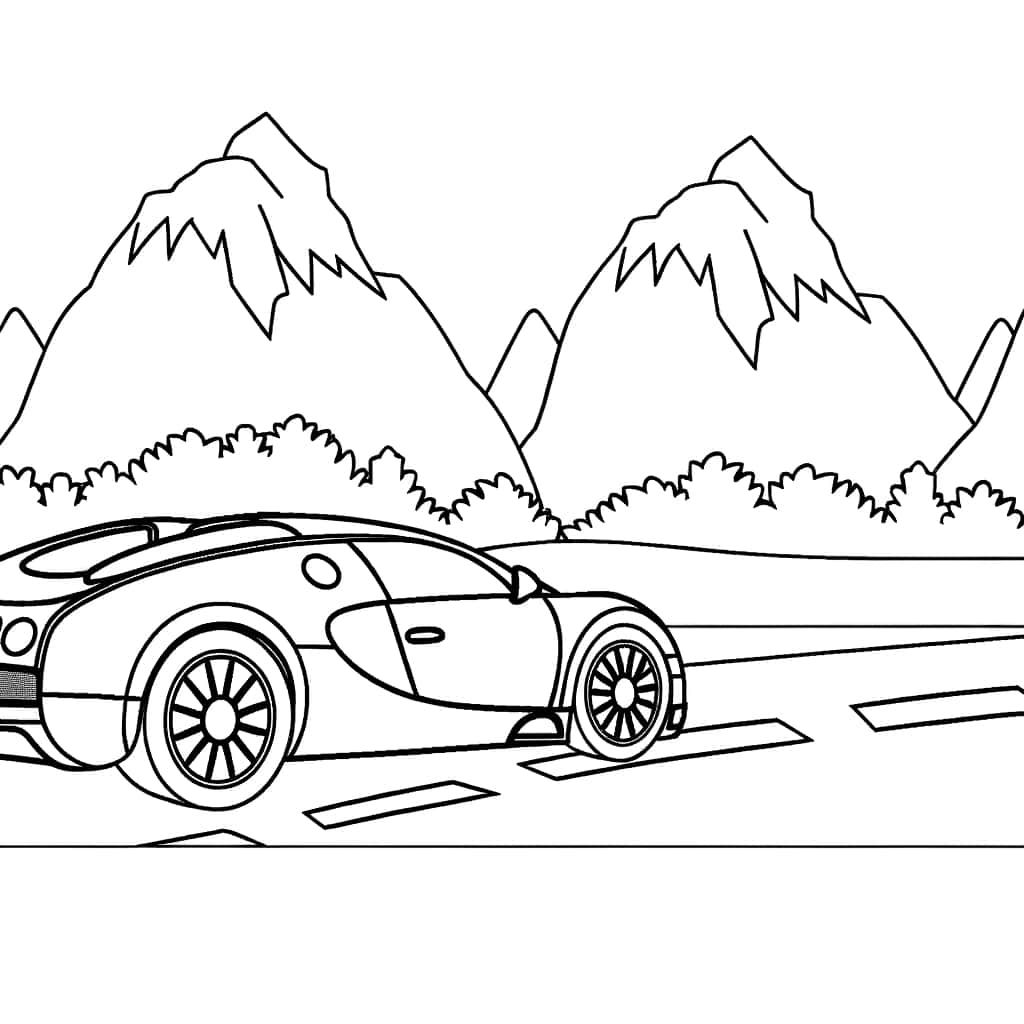 Coloriage Bugatti sportive montagnes à imprimer et colorier