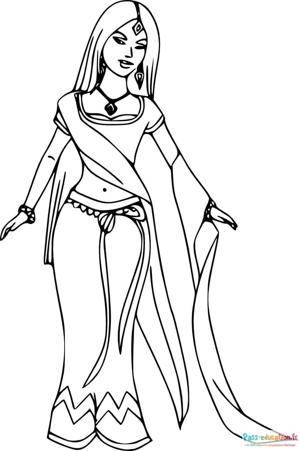 Coloriage Dame indienne élégante à imprimer et colorier
