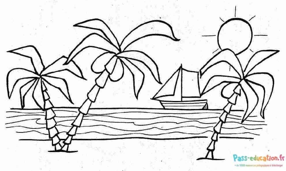 Coloriage Plage avec palmiers à imprimer et colorier
