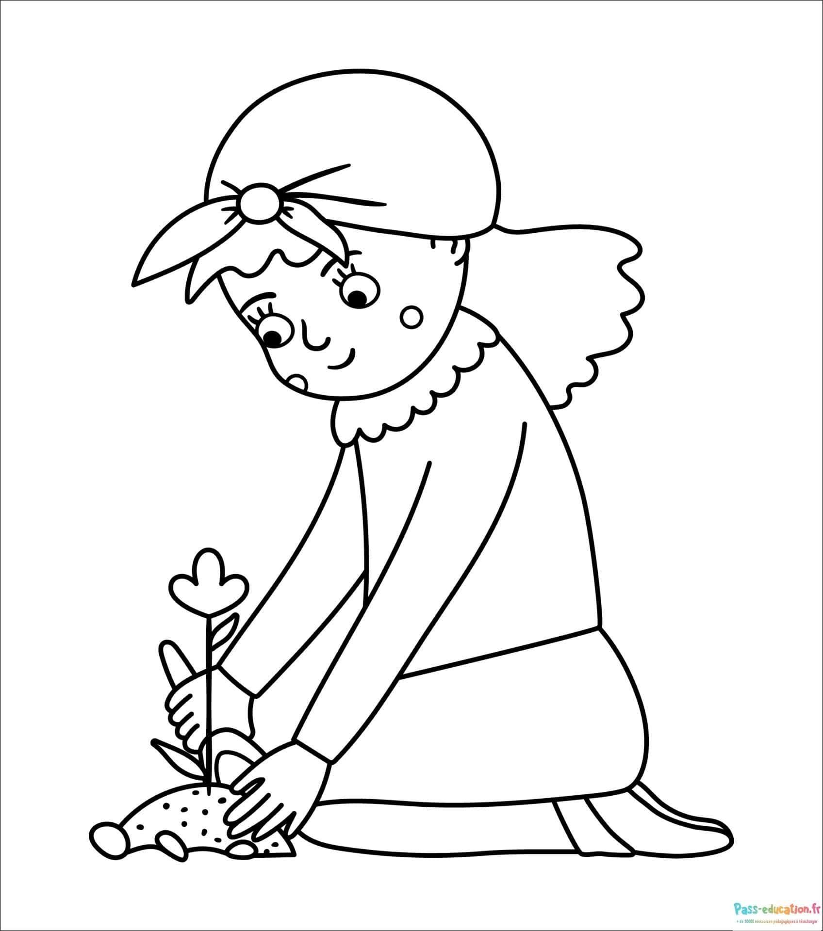 Coloriage Fille plante fleur à imprimer et colorier