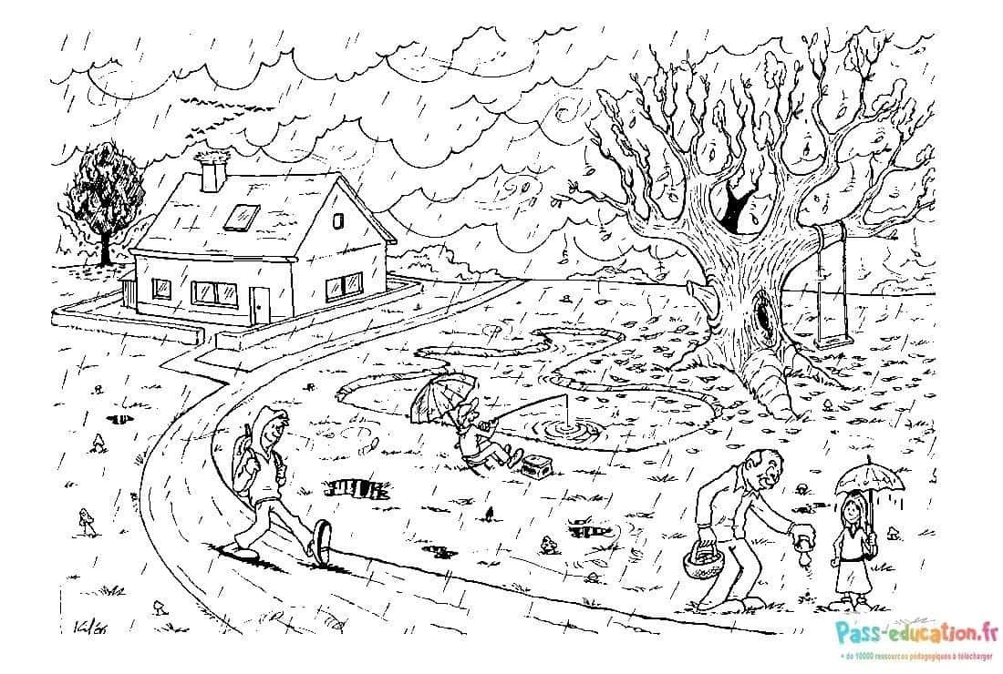 Coloriage Journée pluvieuse à la campagne à imprimer et colorier