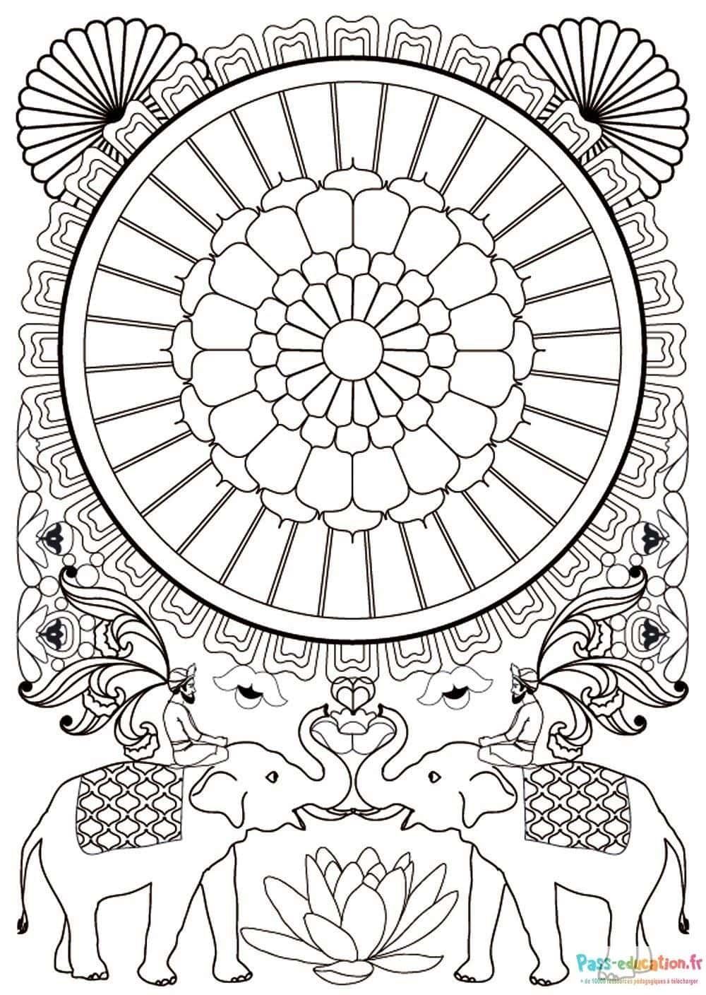 Coloriage Éléphants et mandalas à imprimer et colorier