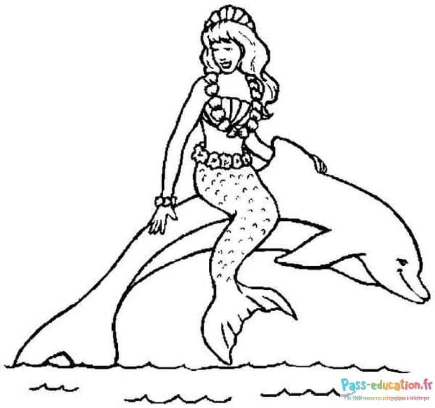 Coloriage Sirène sur dauphin à imprimer et colorier