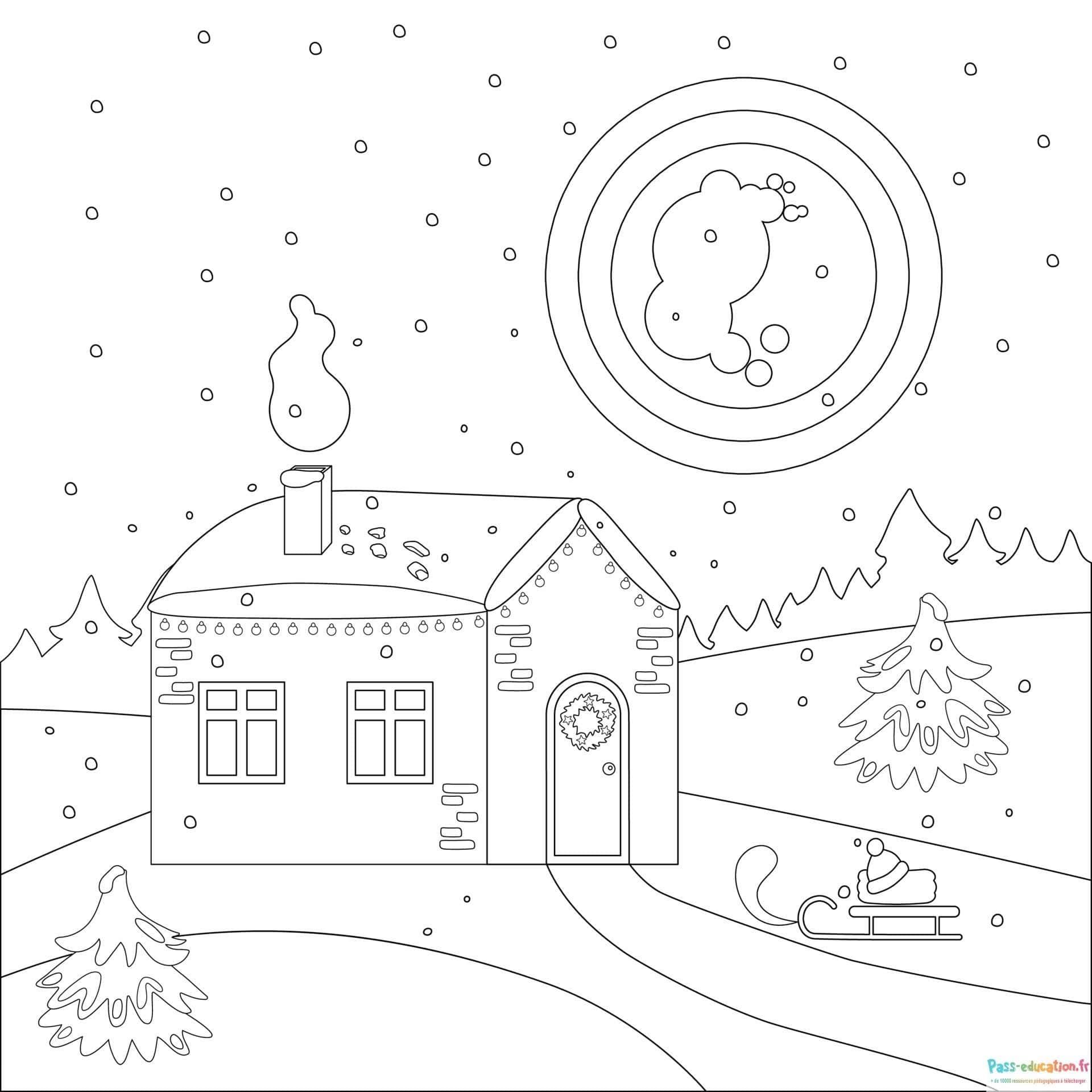 Coloriage Maison hivernale à imprimer et colorier