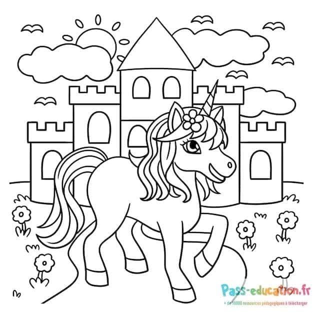 Coloriage Licorne au château à imprimer et colorier