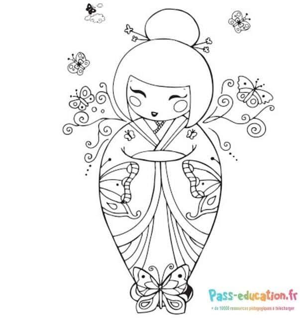 Coloriage Geisha et papillons à imprimer et colorier