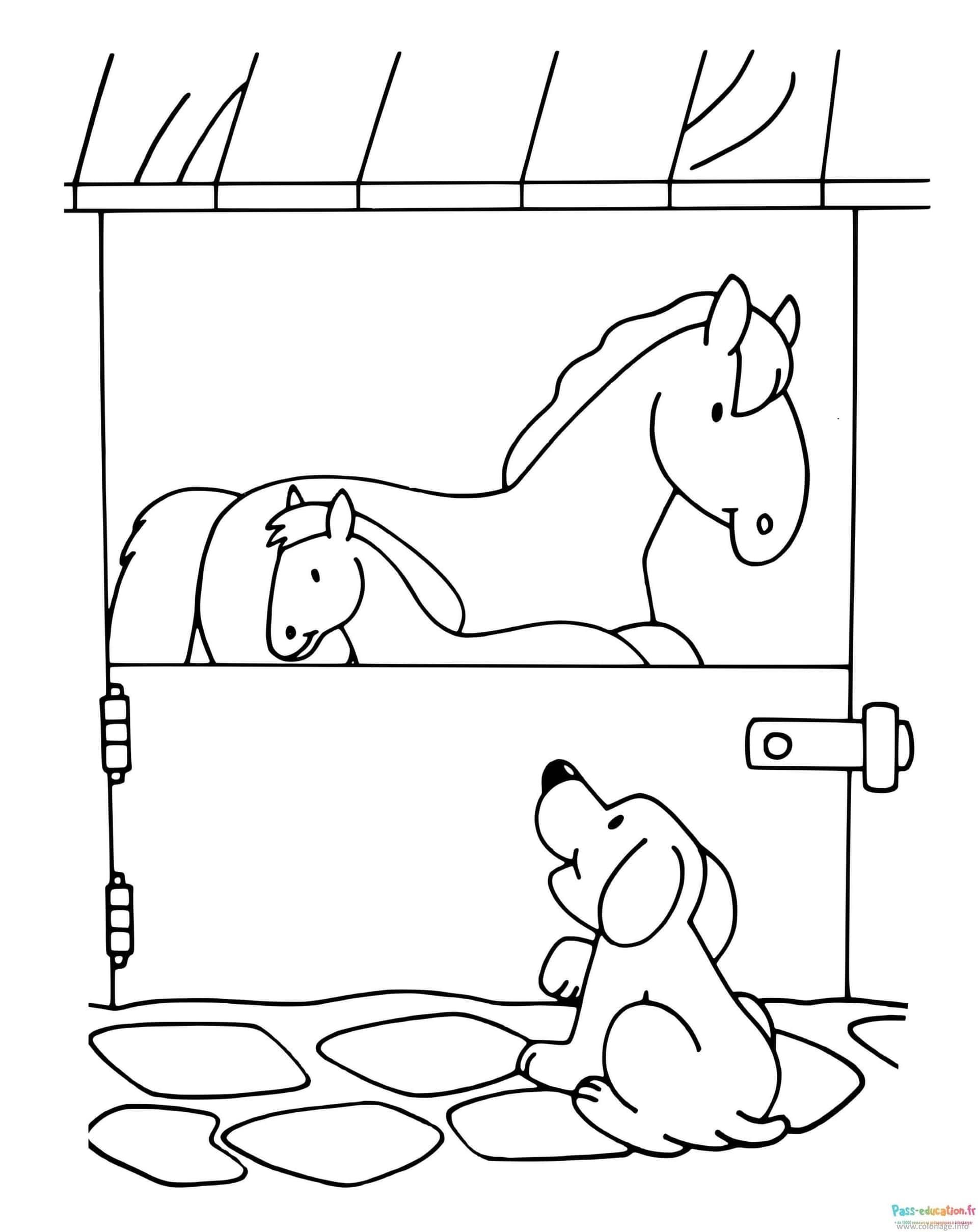 Coloriage Chien et cheval à la ferme à imprimer et colorier