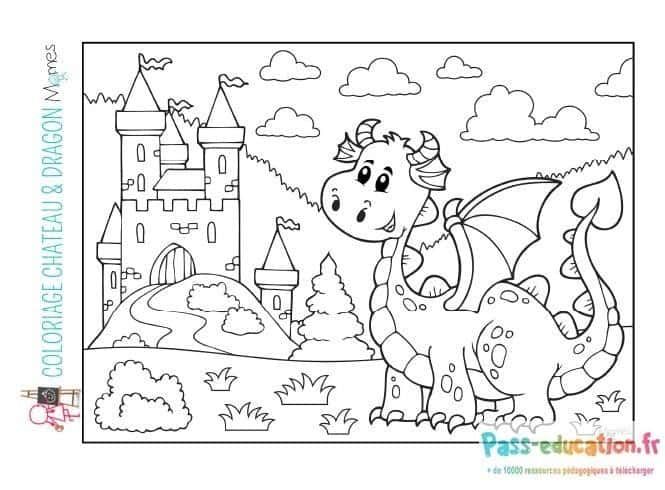 Coloriage Château et dragon à imprimer et colorier