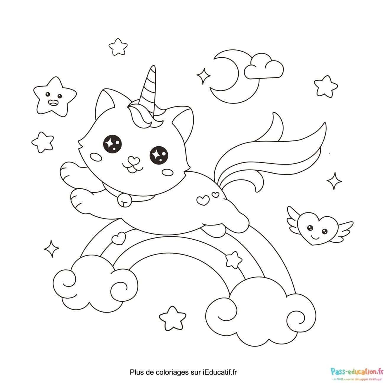 Coloriage Chat licorne arc-en-ciel à imprimer et colorier