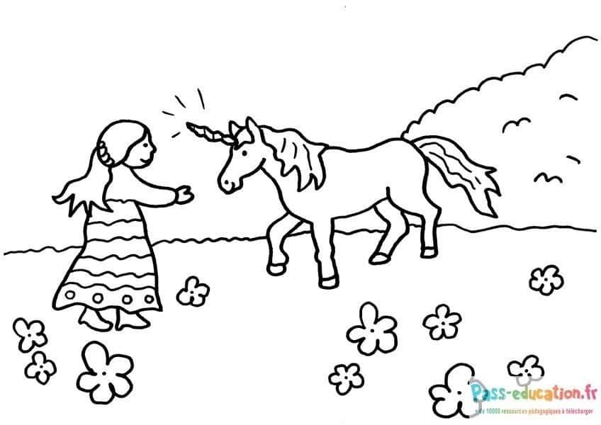Coloriage Fille et licorne à imprimer et colorier