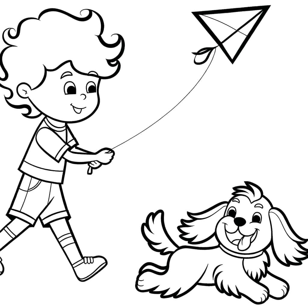 Coloriage Enfant et chien jouant à imprimer et colorier