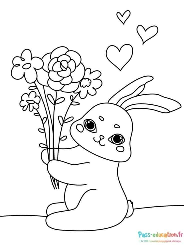 Coloriage Lapin avec fleurs à imprimer et colorier