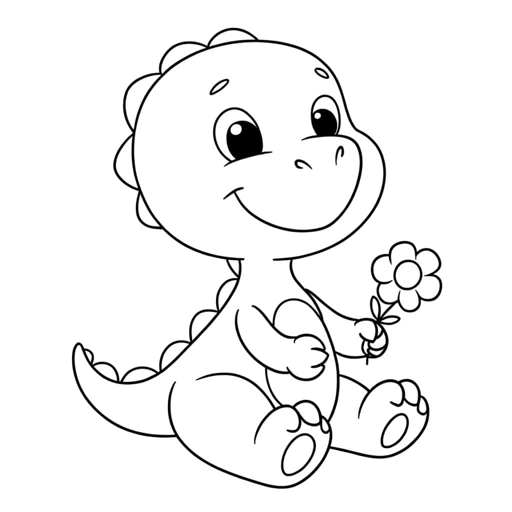 Coloriage Bébé dinosaure et fleur à imprimer et colorier