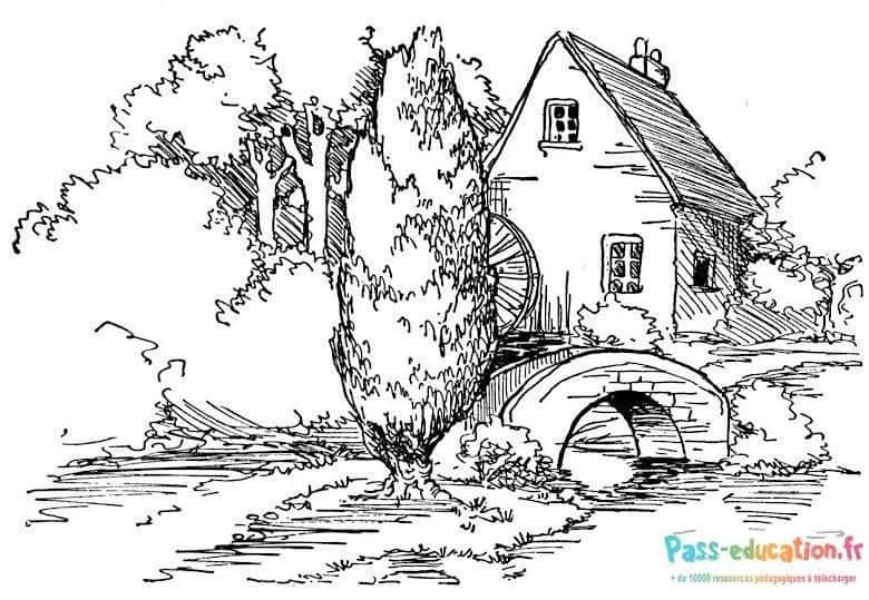 Coloriage Maison au bord de l'eau à imprimer et colorier