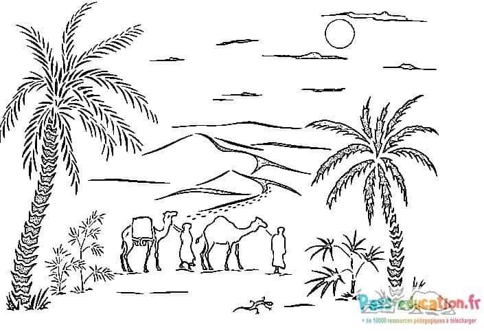 Coloriage Désert avec chameaux à imprimer et colorier