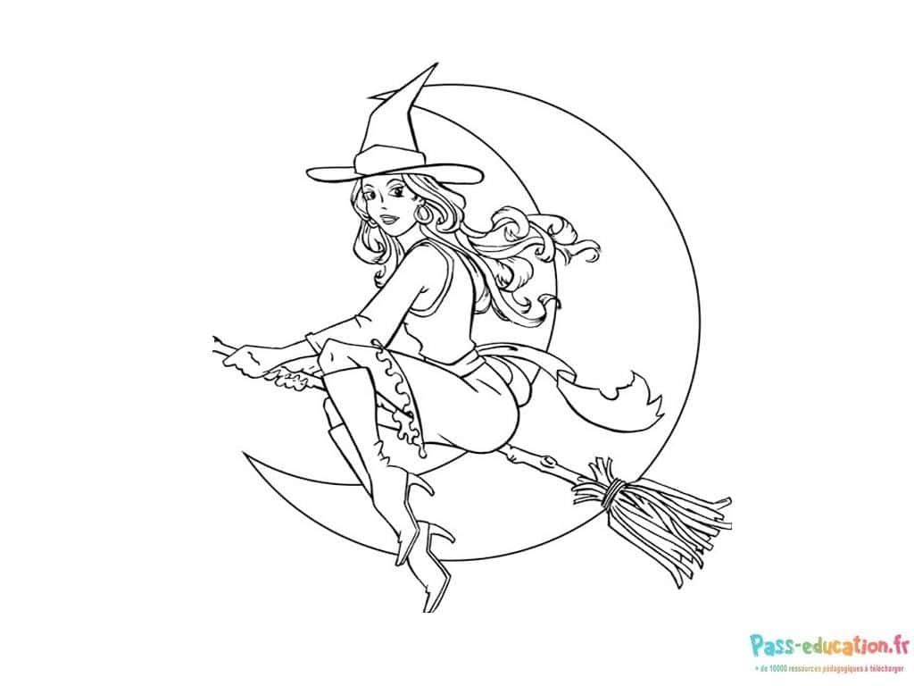 Coloriage Sorcière sur balai à imprimer et colorier