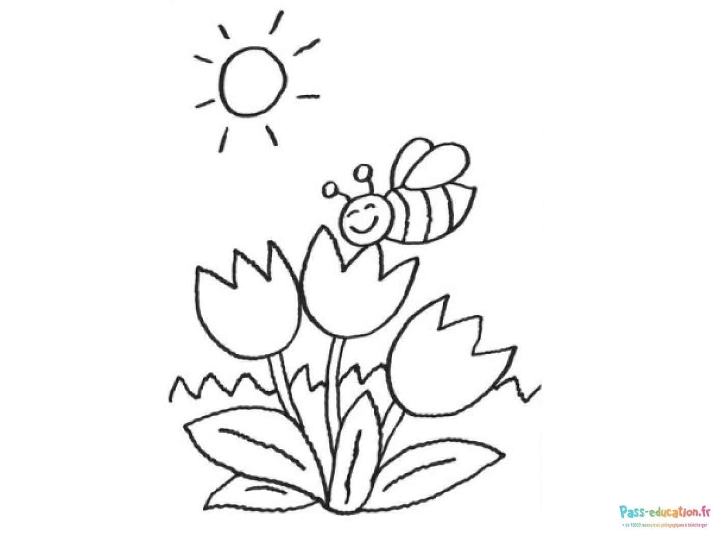Coloriage Abeille et tulipes à imprimer et colorier