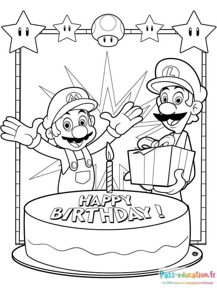 Coloriage Anniversaire Mario et Luigi à imprimer et colorier