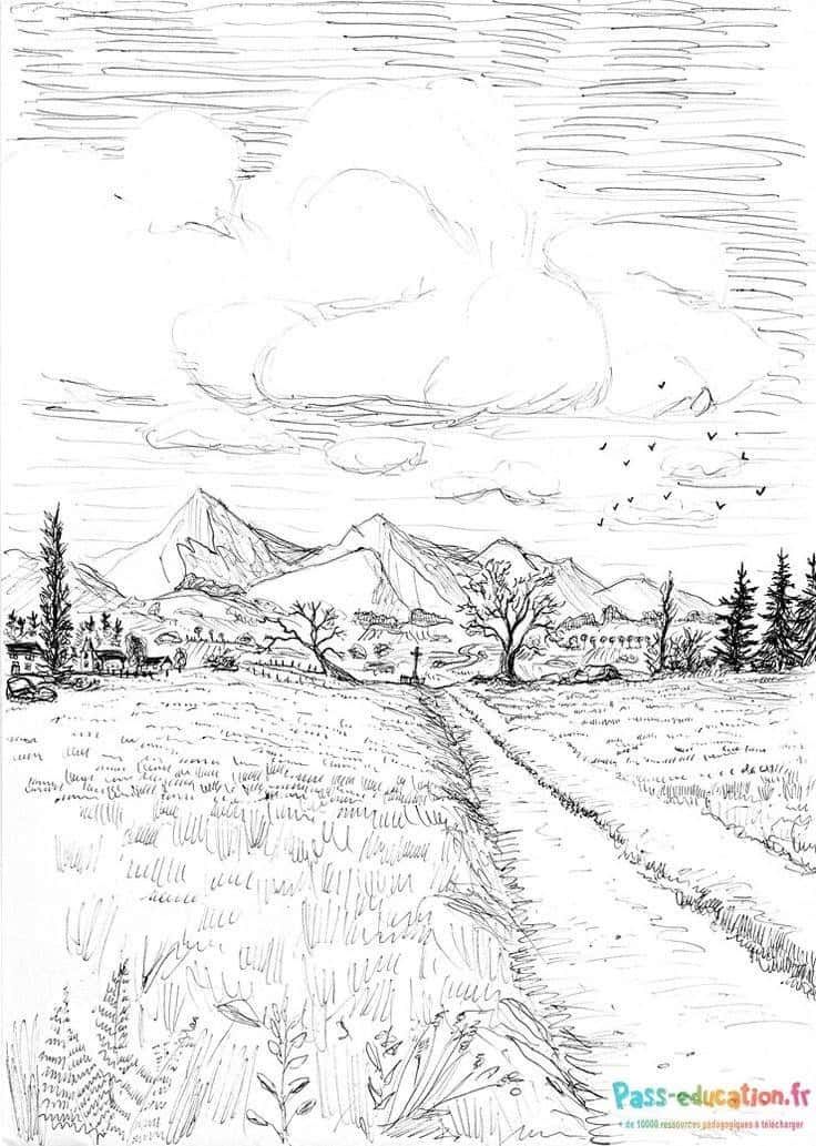 Coloriage Paysage montagneux à imprimer et colorier