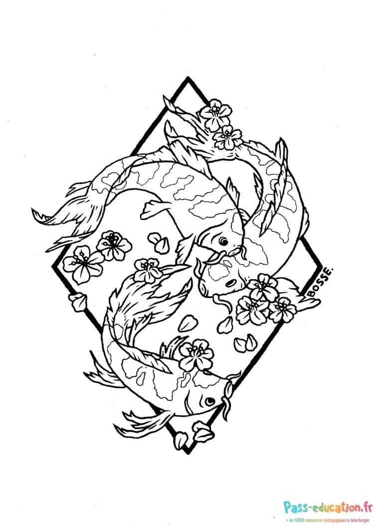 Coloriage Poissons et fleurs japonais à imprimer et colorier
