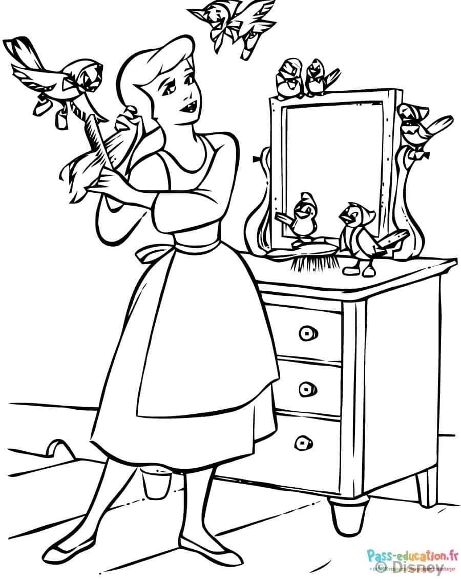 Coloriage Cendrillon et oiseaux à imprimer et colorier