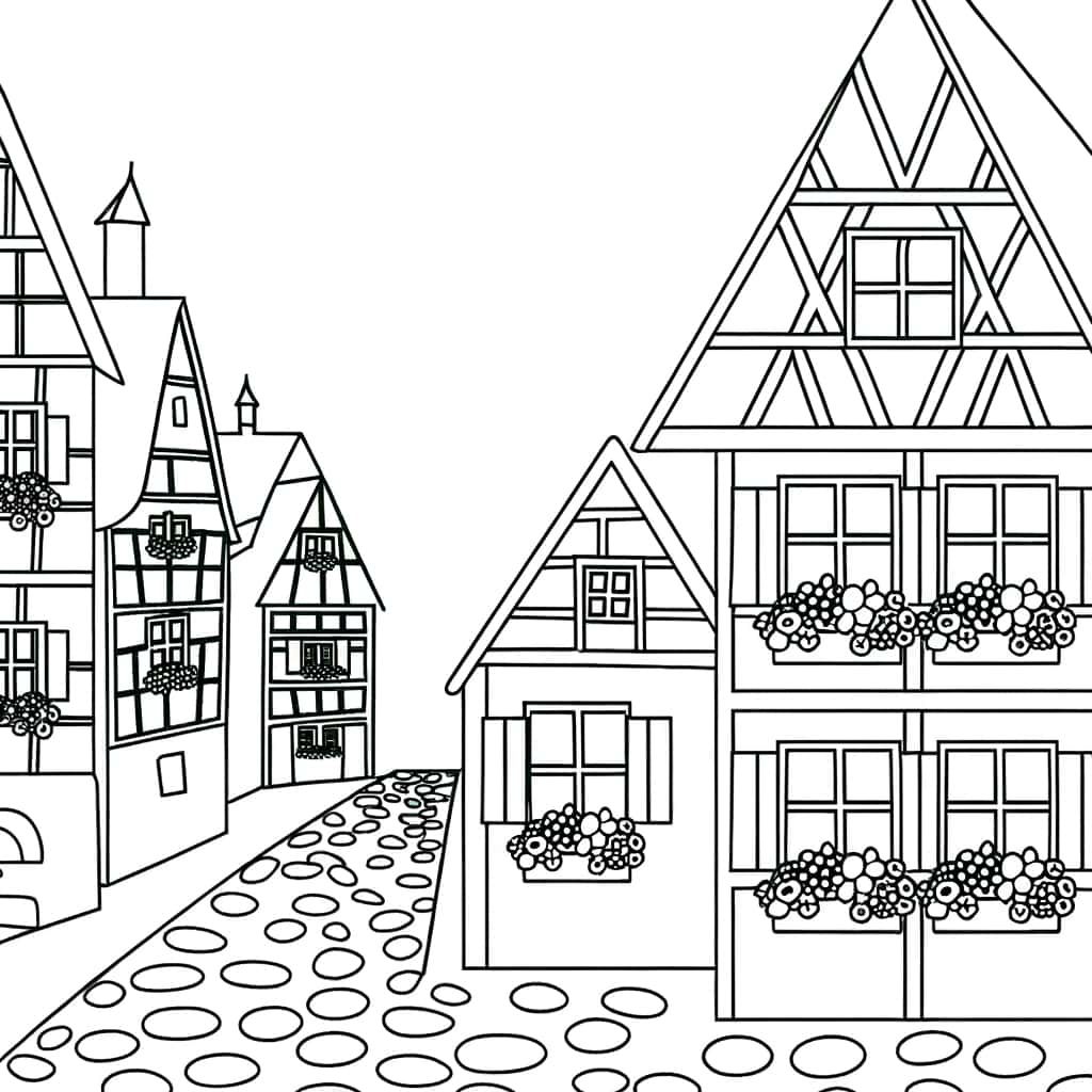 Coloriage Maisons alsaciennes à imprimer et colorier