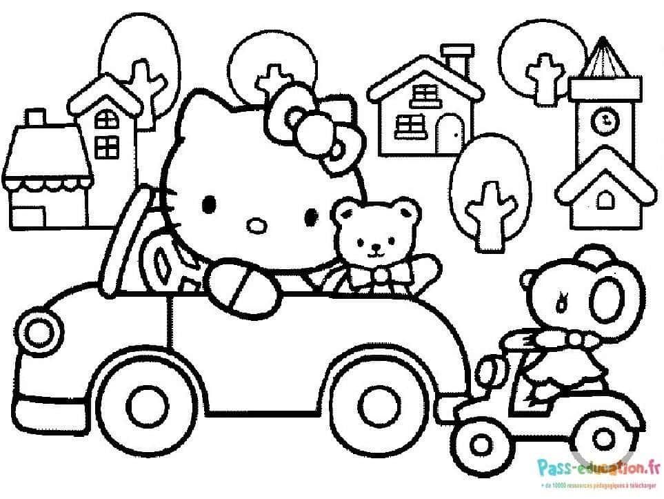 Coloriage Hello Kitty en voiture à imprimer et colorier