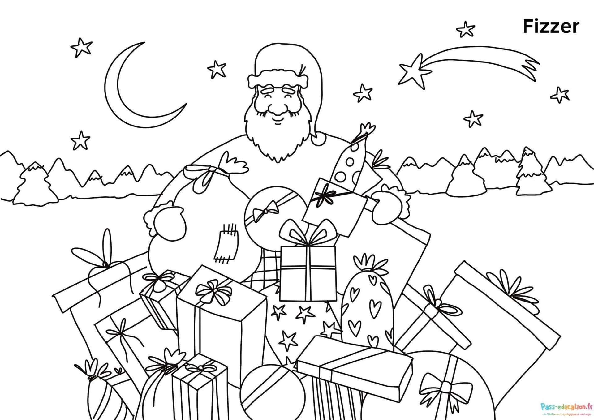 Coloriage Père Noël et cadeaux à imprimer et colorier