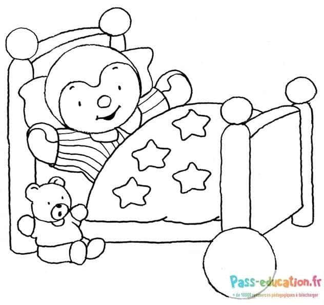 Coloriage Tchoupi au lit à imprimer et colorier