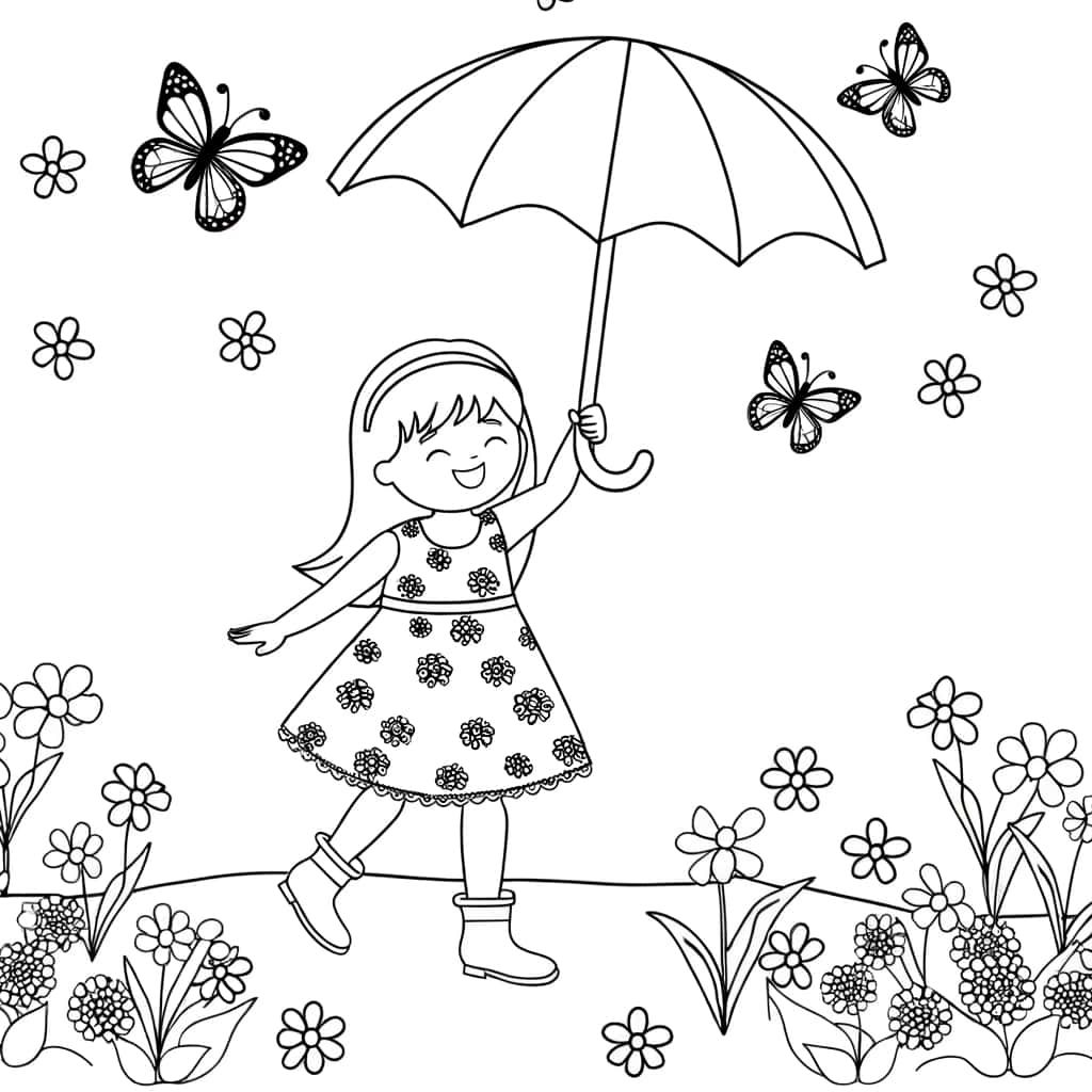 Coloriage Fille avec parapluie à imprimer et colorier