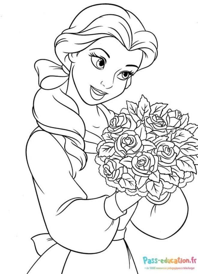 Coloriage Belle avec roses à imprimer et colorier