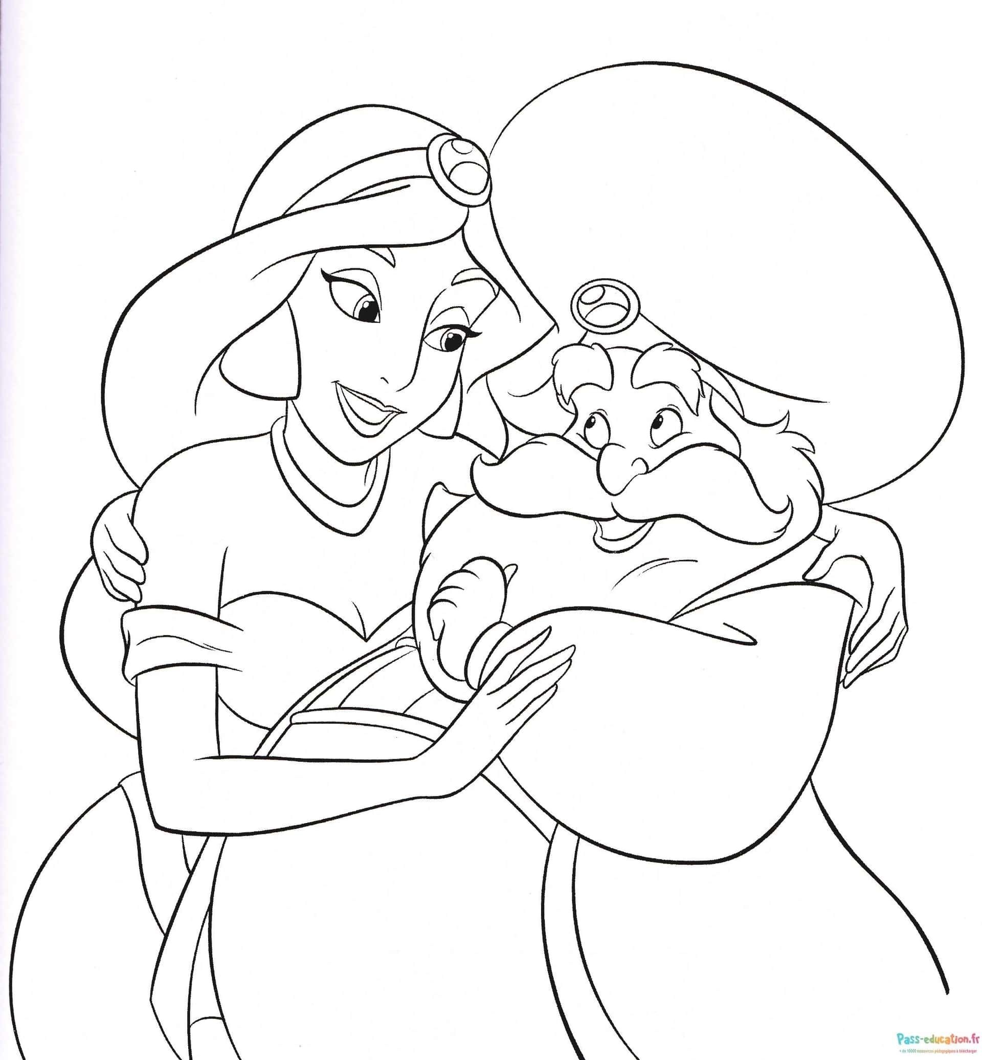 Coloriage Jasmine et Génie à imprimer et colorier