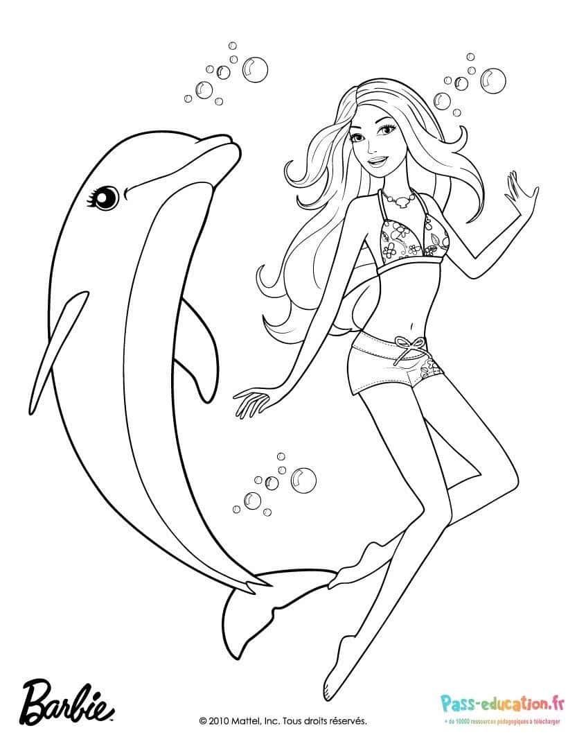 Coloriage Barbie sirène et dauphin à imprimer et colorier