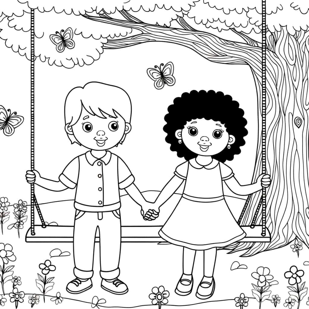 Coloriage Amis sur une balançoire à imprimer et colorier
