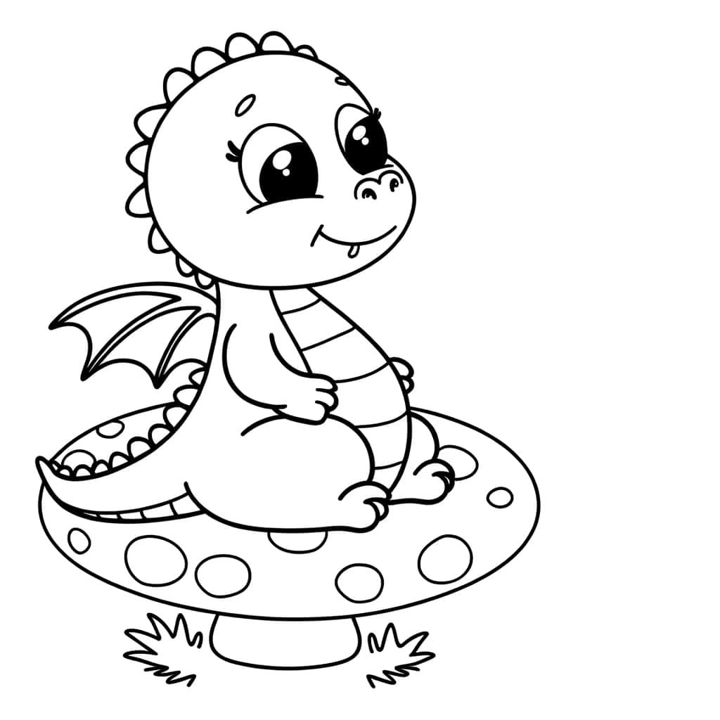Coloriage Dragon mignon sur champignon à imprimer et colorier
