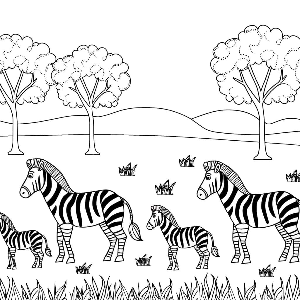 Coloriage Zèbres en famille à imprimer et colorier