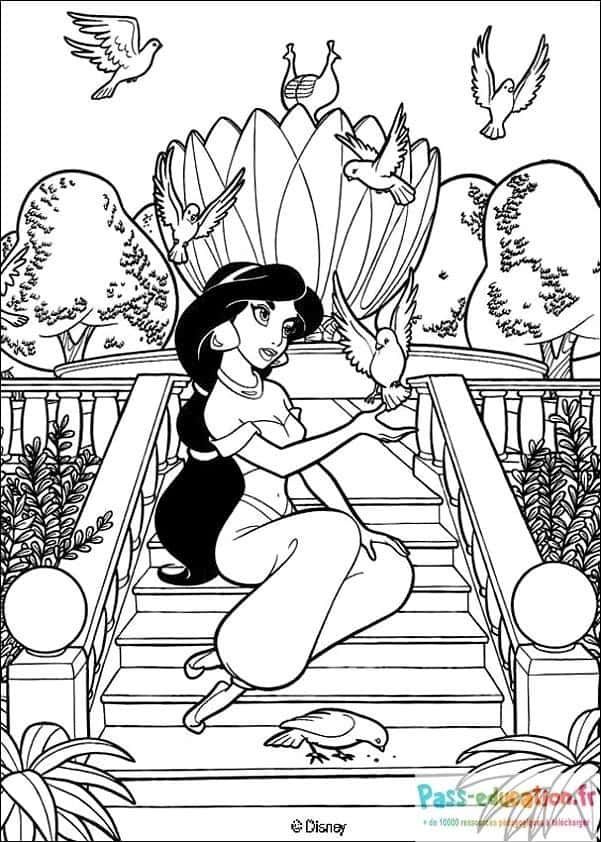 Coloriage Jasmine et pigeons à imprimer et colorier