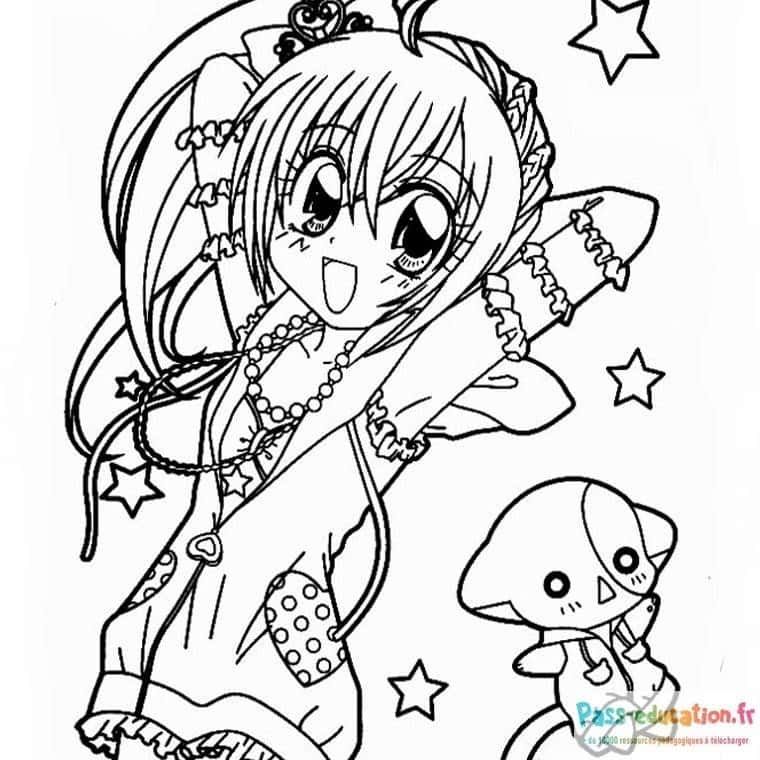 Coloriage Fille anime et compagnon à imprimer et colorier