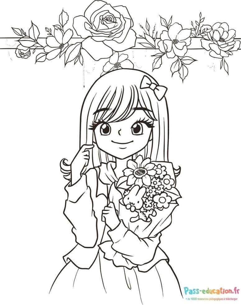 Coloriage Fille avec bouquet à imprimer et colorier