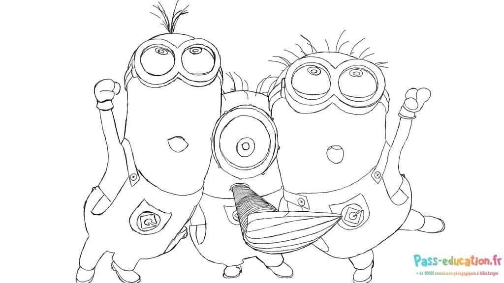 Coloriage Trois Minions joyeux à imprimer et colorier