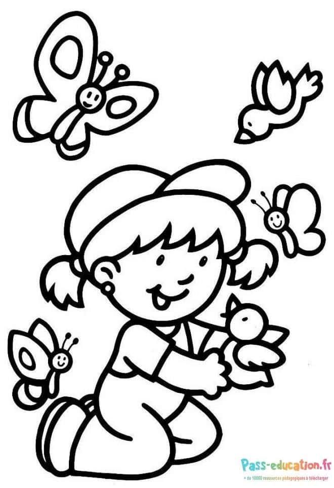 Coloriage Petite fille et animaux à imprimer et colorier
