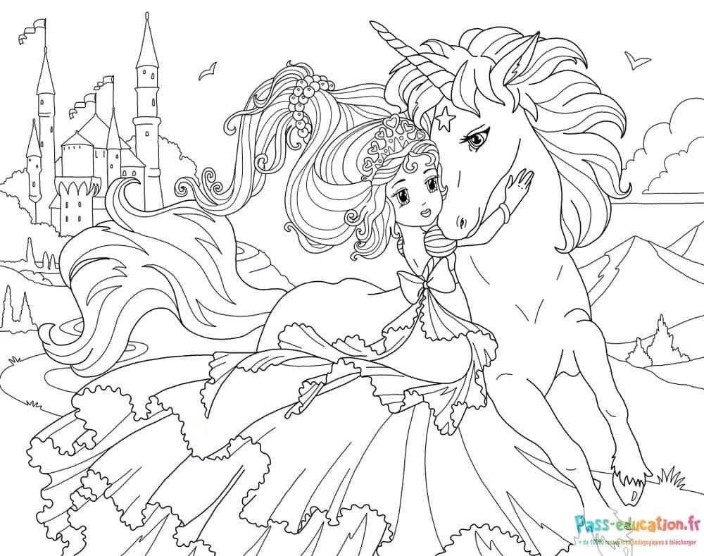 Coloriage Princesse et licorne à imprimer et colorier