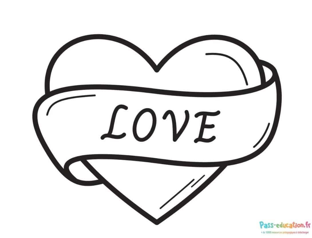 Coloriage Cœur avec bandeau Love à imprimer et colorier