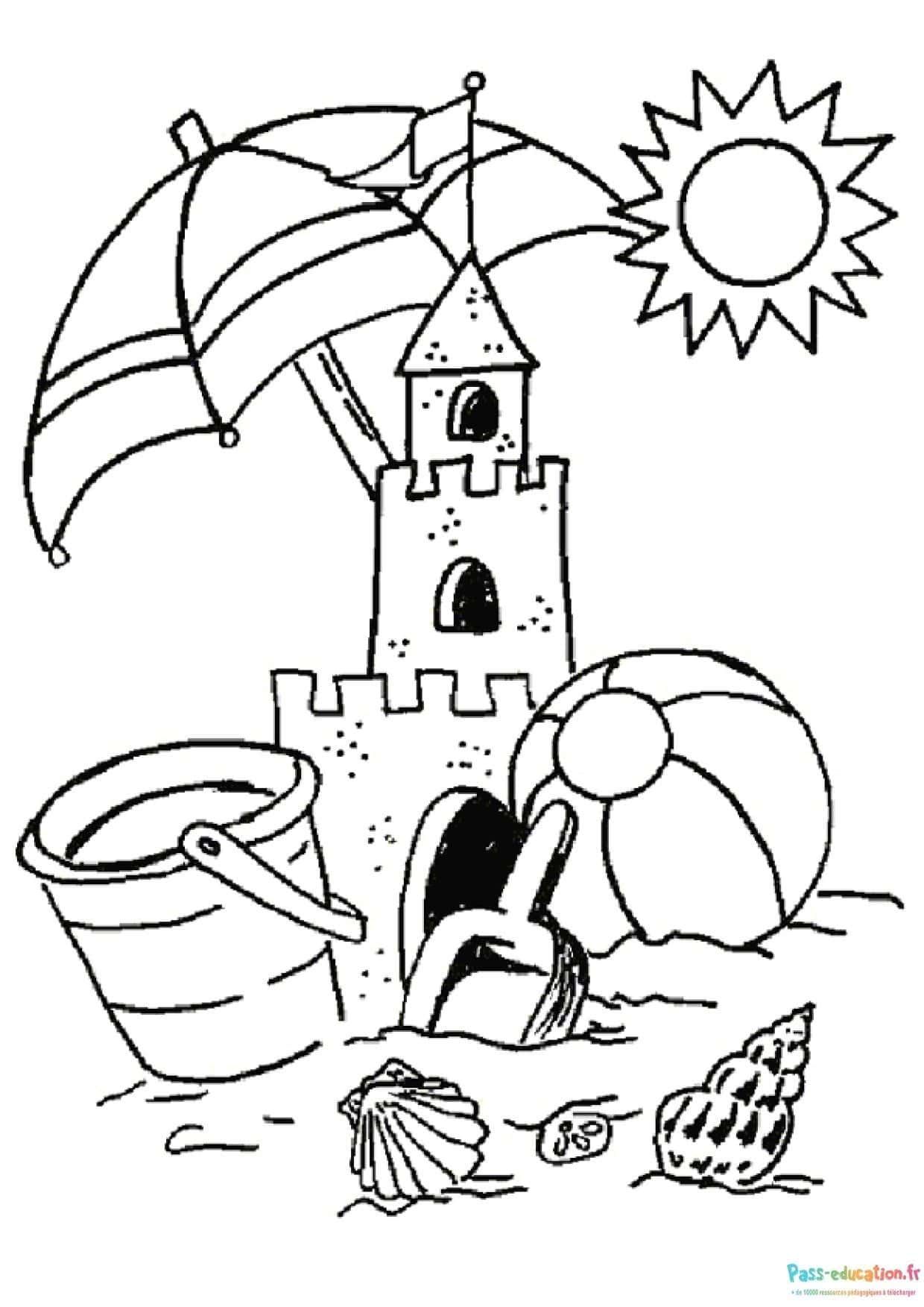 Coloriage Plage et château de sable à imprimer et colorier