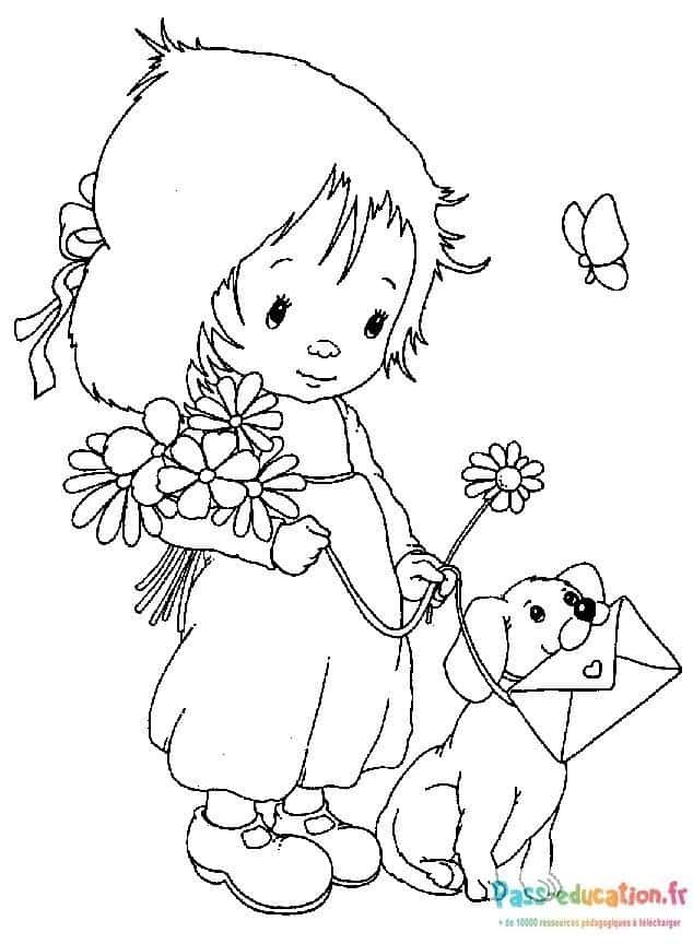 Coloriage Petite fille et chien à imprimer et colorier