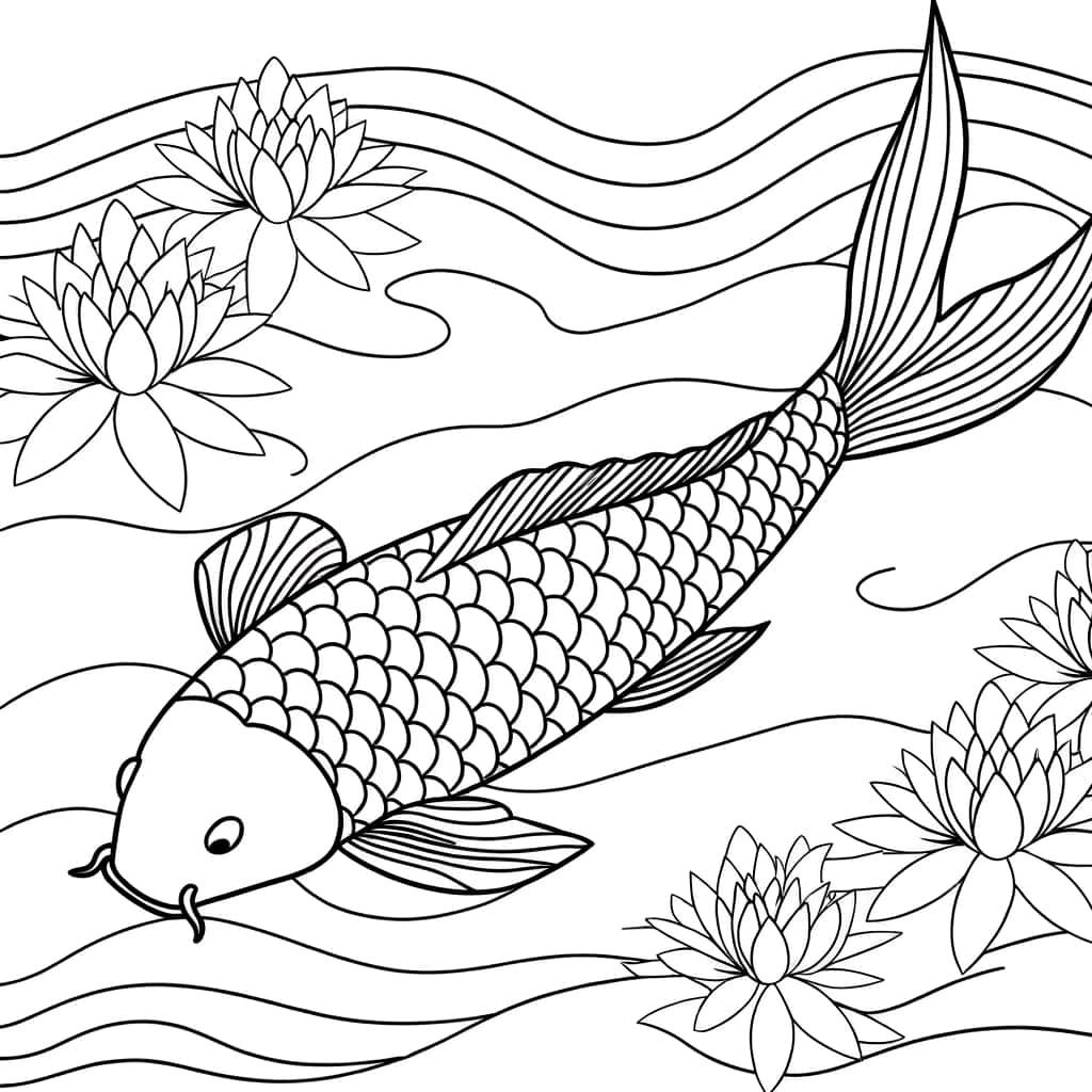 Coloriage Carpe Koi et nénuphars à imprimer et colorier