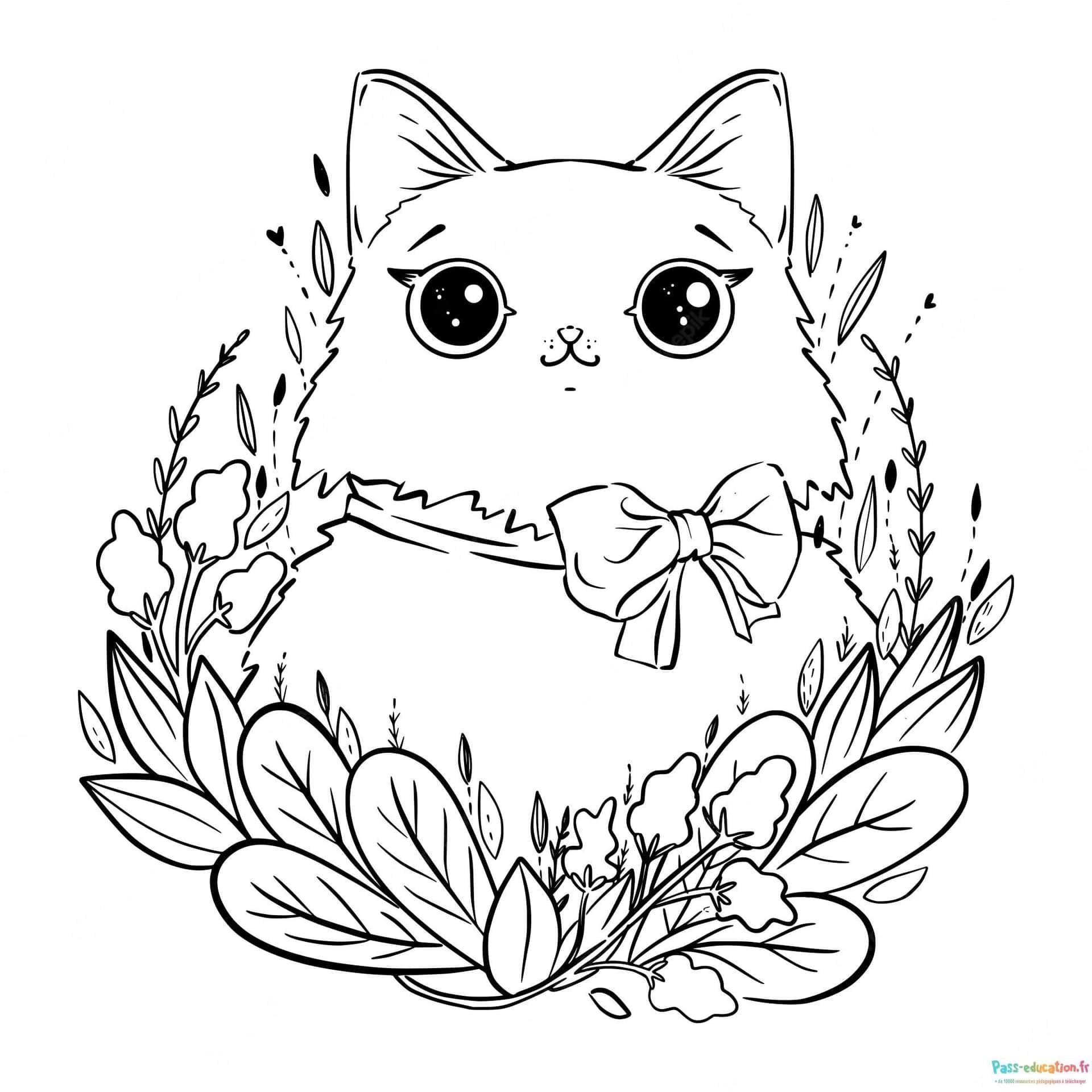 Coloriage Chat avec nœud à imprimer et colorier