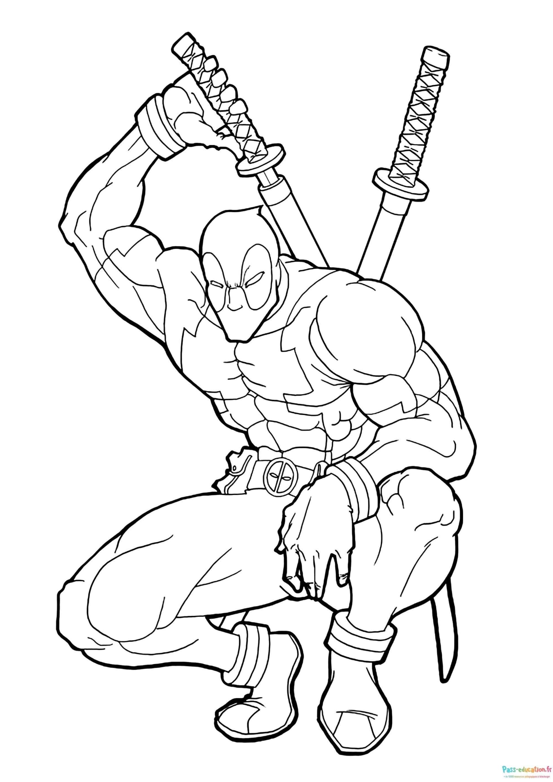 Coloriage Deadpool en action à imprimer et colorier